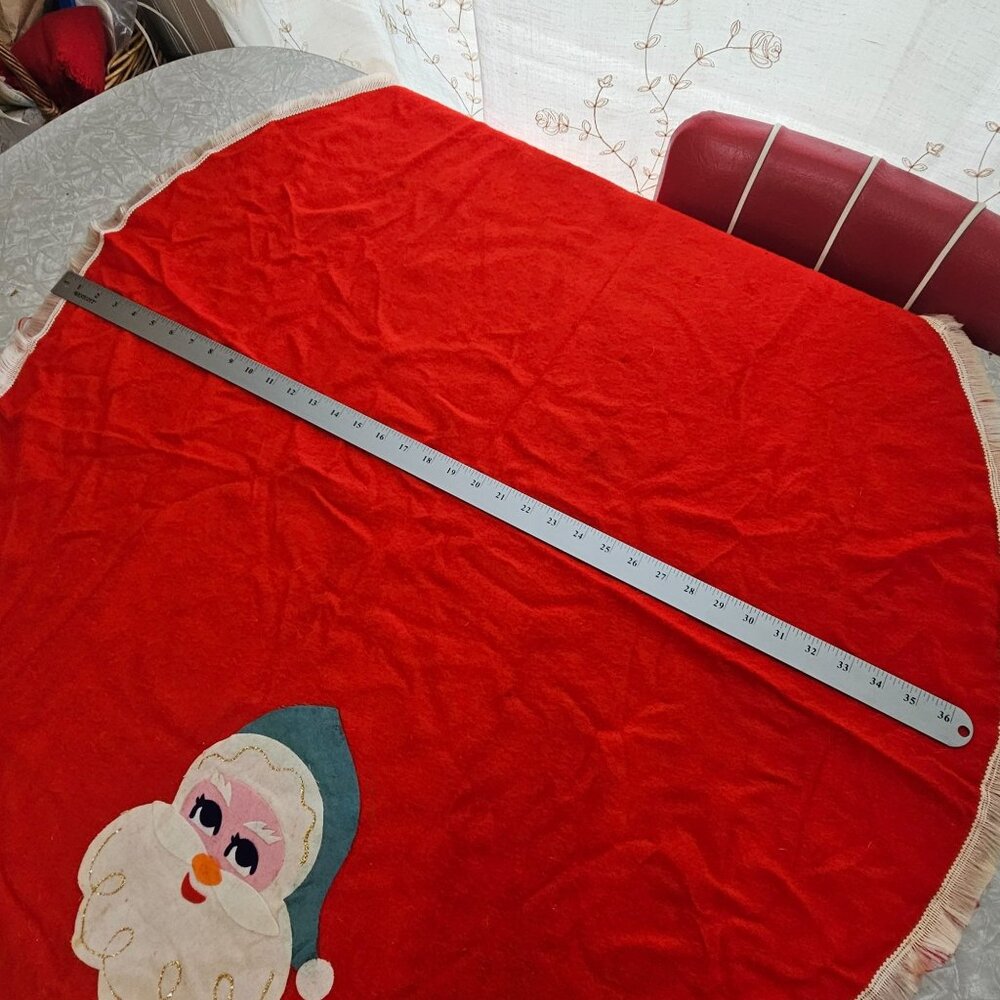 1970S Christmas Santa Claus Wool Tablecloth 37" gold glitter Trim vintage fringe - Picture 5 of 8